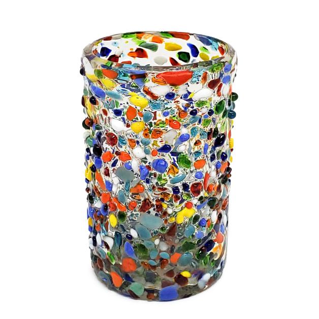 Vasos de Vidrio Soplado al Mayoreo / vasos grandes 'Confeti granizado' / Deje entrar a la primavera en su casa con ste colorido juego de vasos. El decorado con vidrio multicolor los hace resaltar en cualquier lugar.